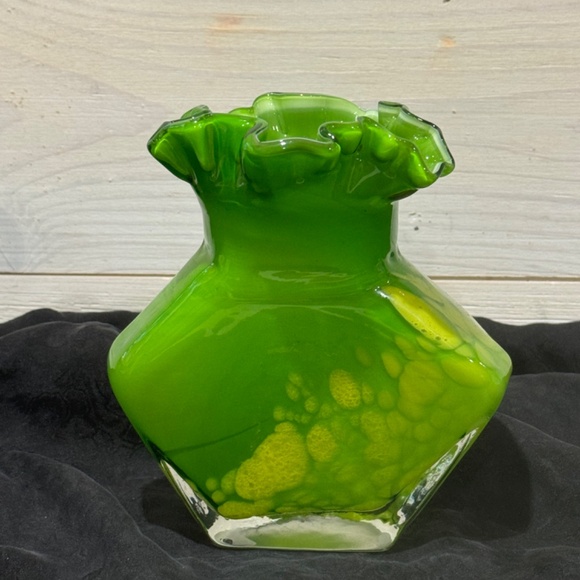 Vintage 1960s Style Hand Blown Lime Green Ruffled Polished Bottom Art Glass